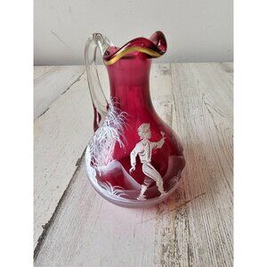 Fenton Mary Gregory mini pitcher jug 94 cranberry red boy birds creamer‎